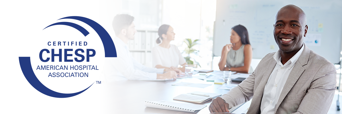 CHESP logo and image of professional man sitting in small group